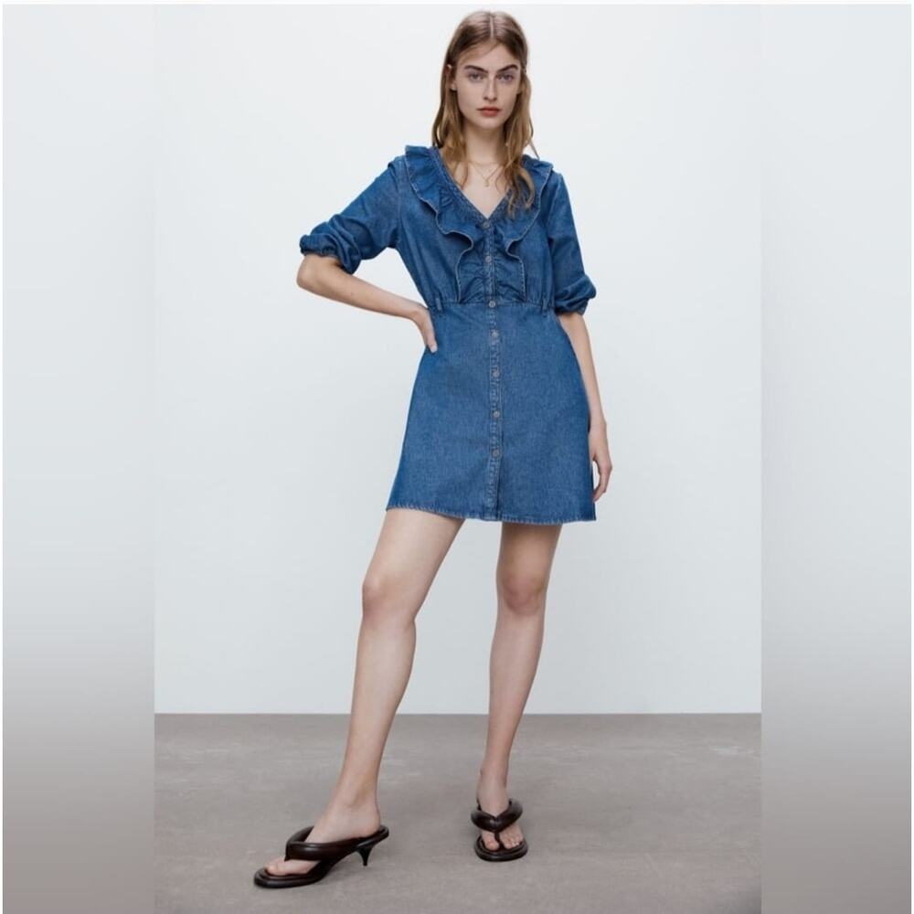 New Zara Women's Ruffled Denim Blue Button Down Mini Dress Size XS